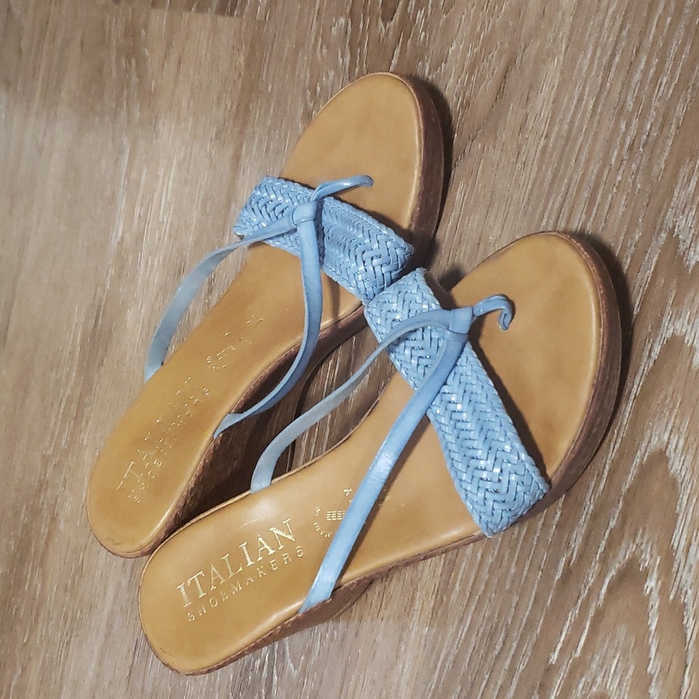 (7½) Italian Shoemakers Made in Italy Thong Wedge Heeled Sandals Woven Aztec
